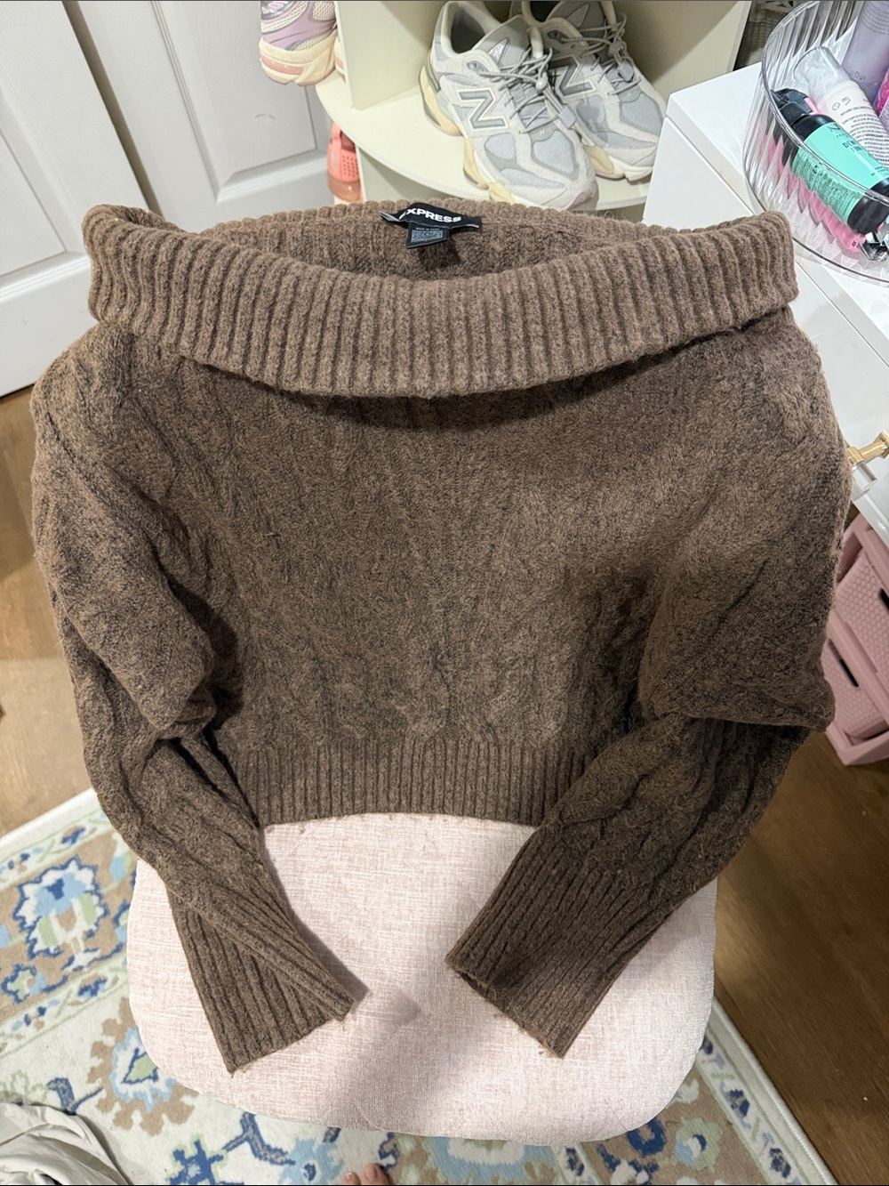 Express Off-Shoulder Cable Knit Sweater in Brown
